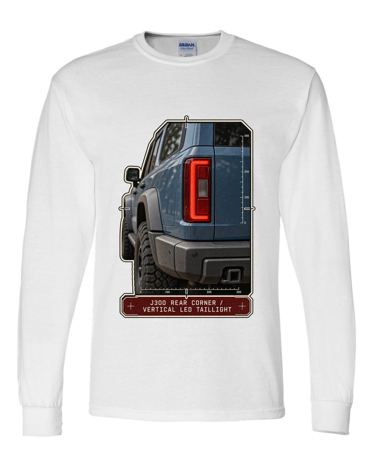 Close-up of Toyota Land Cruiser 300 J300 vertical LED taillight white long sleeve front view with the design