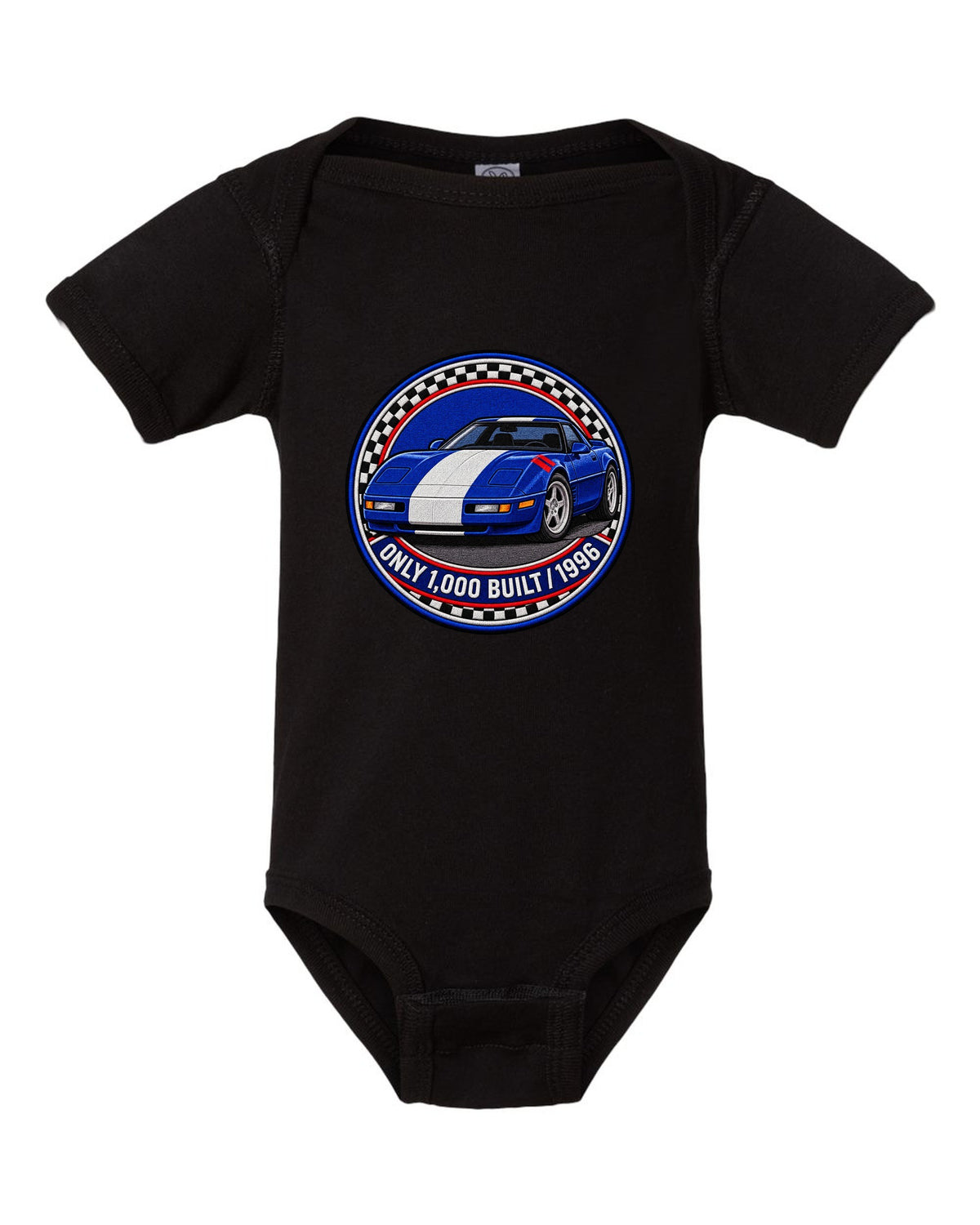 Embroidery style varsity crest print of a 1996 Chevrolet Corvette C4 Grand Sport with Only 1,000 Built text black baby onesie front view with the design