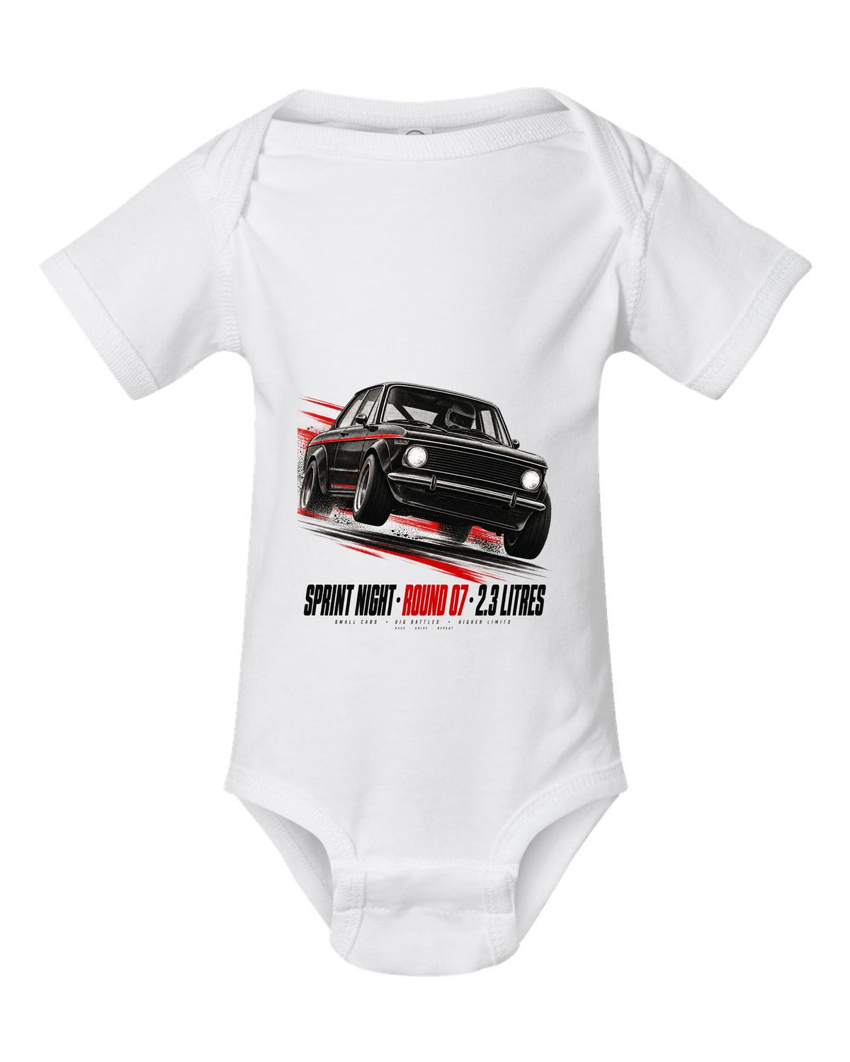 BMW E30 M3 race poster print titled Sprint Night Round 07 with 2.3 litres text white baby onesie front view with the design