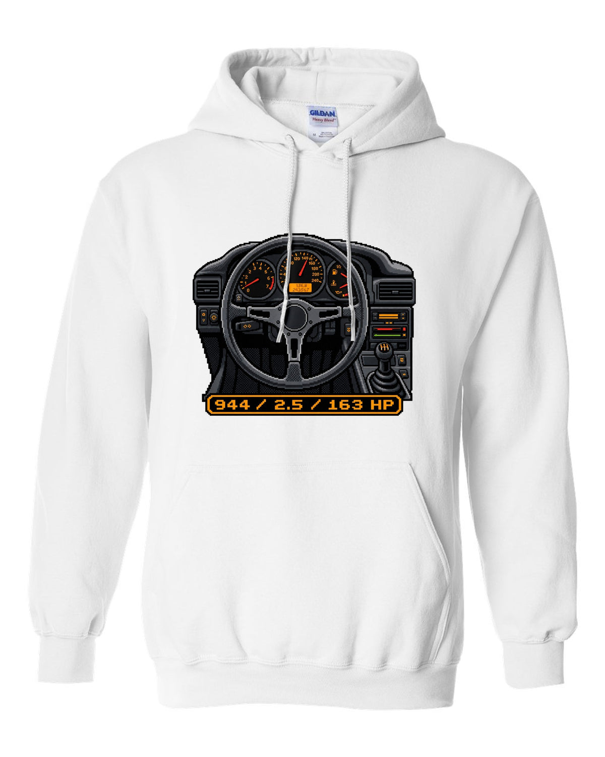 Dot-matrix pixel art of a Porsche 944 styled like a digital dash display white pull over hoodie front view with the design
