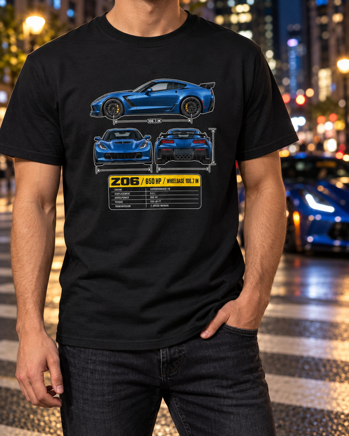Corvette C7 Z06 Three-View Spec Table Shirt, Car Guy Gift T-Shirt Black worn hero