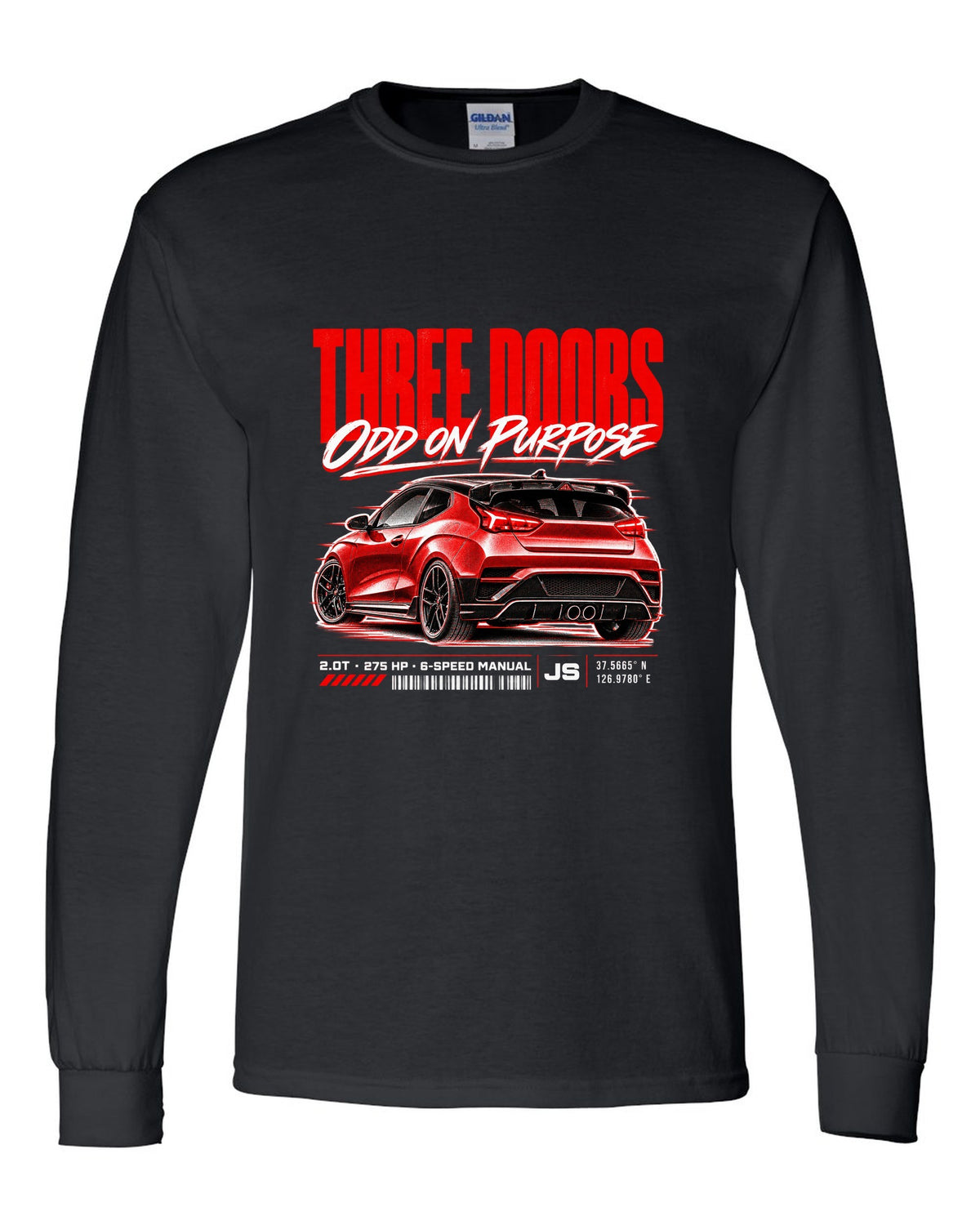 Hyundai Veloster N JS street poster with three doors odd on purpose text black long sleeve front view with the design
