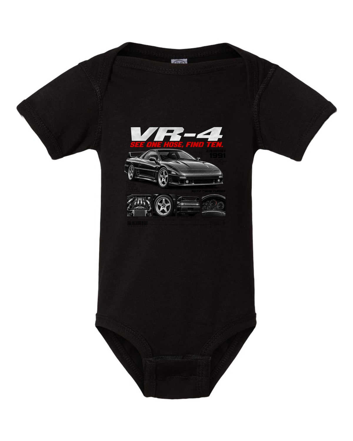 Mitsubishi 3000GT VR-4 Z16A dossier panel print with 6G72 twin turbo text black baby onesie front view with the design