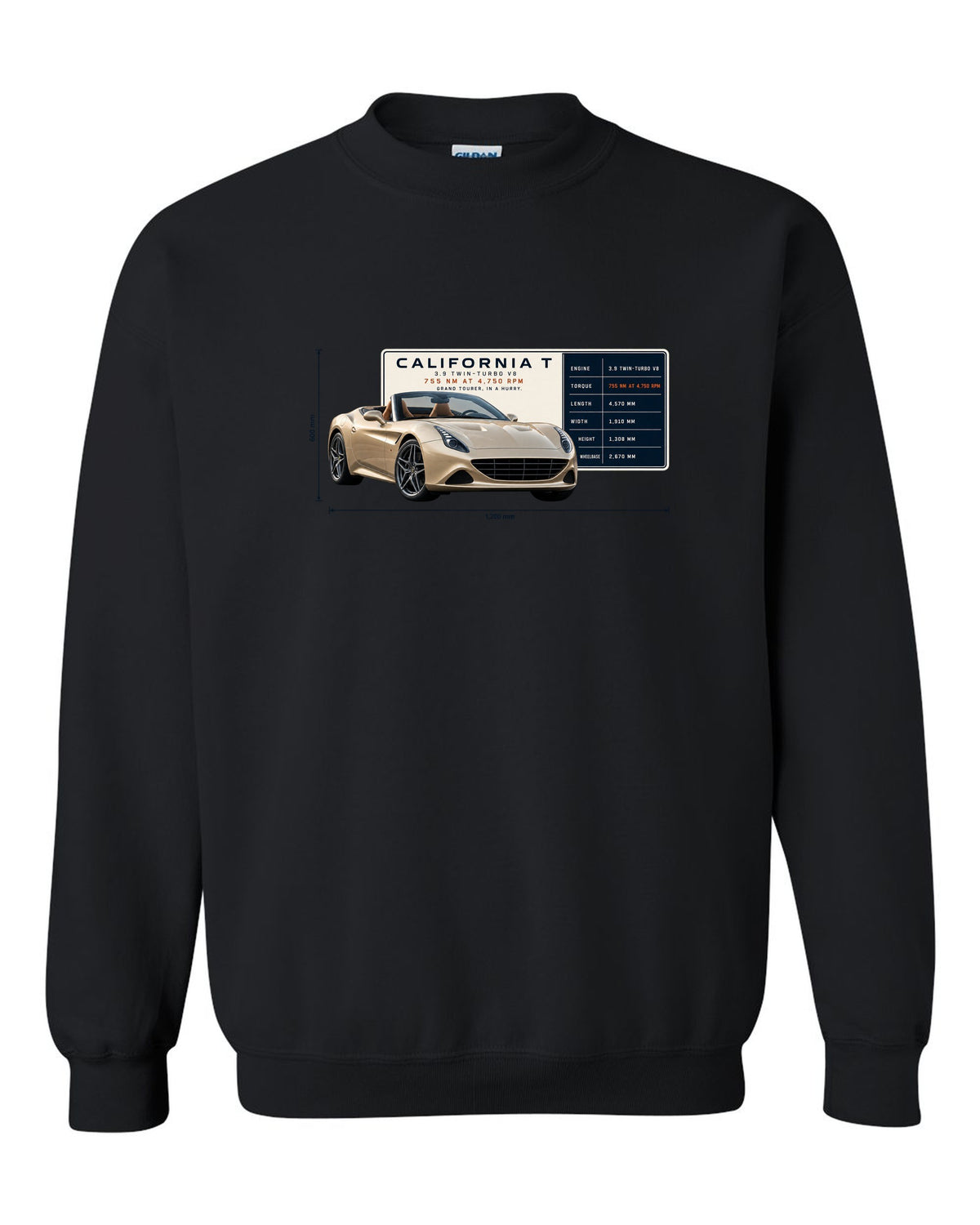 Spec poster print of the Ferrari California T in champagne tones black crewneck front view with the design