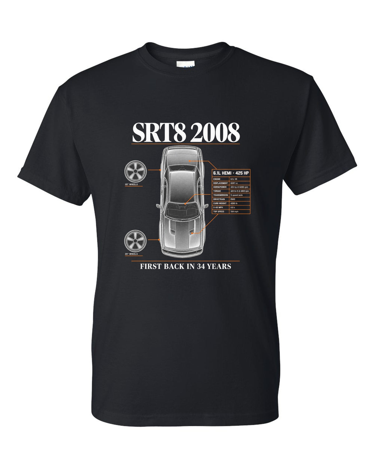 Spec poster print of a 2008 Dodge Challenger SRT8 with 6.1L Hemi and 425 HP text black t-shirt front view with the design