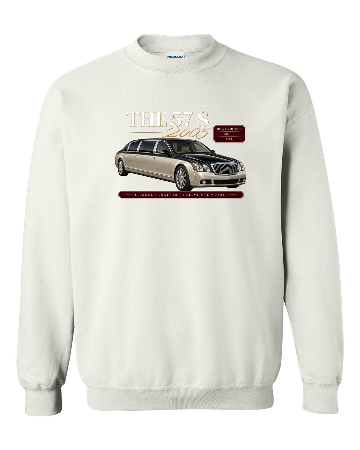 print archive panel of a Maybach 57 S W240 with text silence, leather, twelve cylinders white crewneck front view with the design