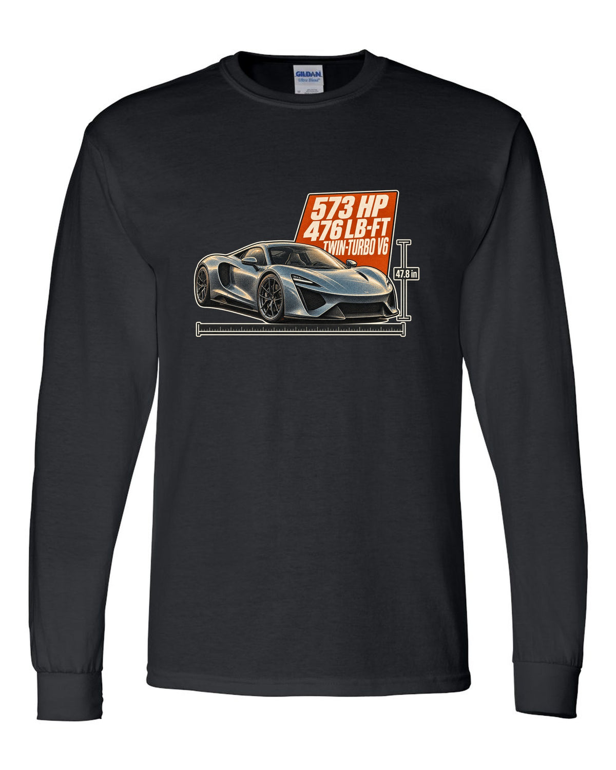 Halftone print of a 2020 Acura NSX NC1 front three-quarter black long sleeve front view with the design