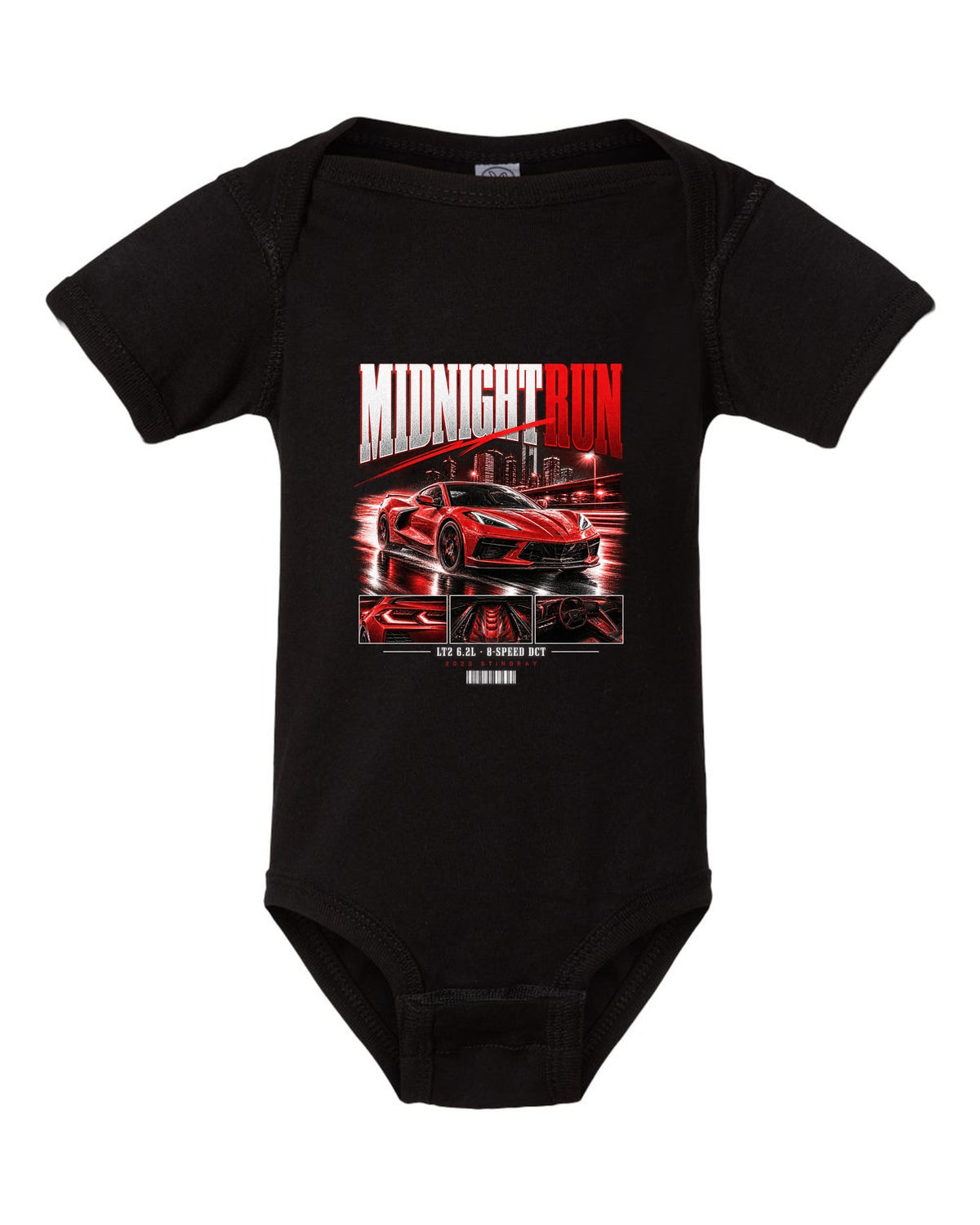 Corvette C8 Stingray 2023 widebody street poster Midnight Run black baby onesie front view with the design