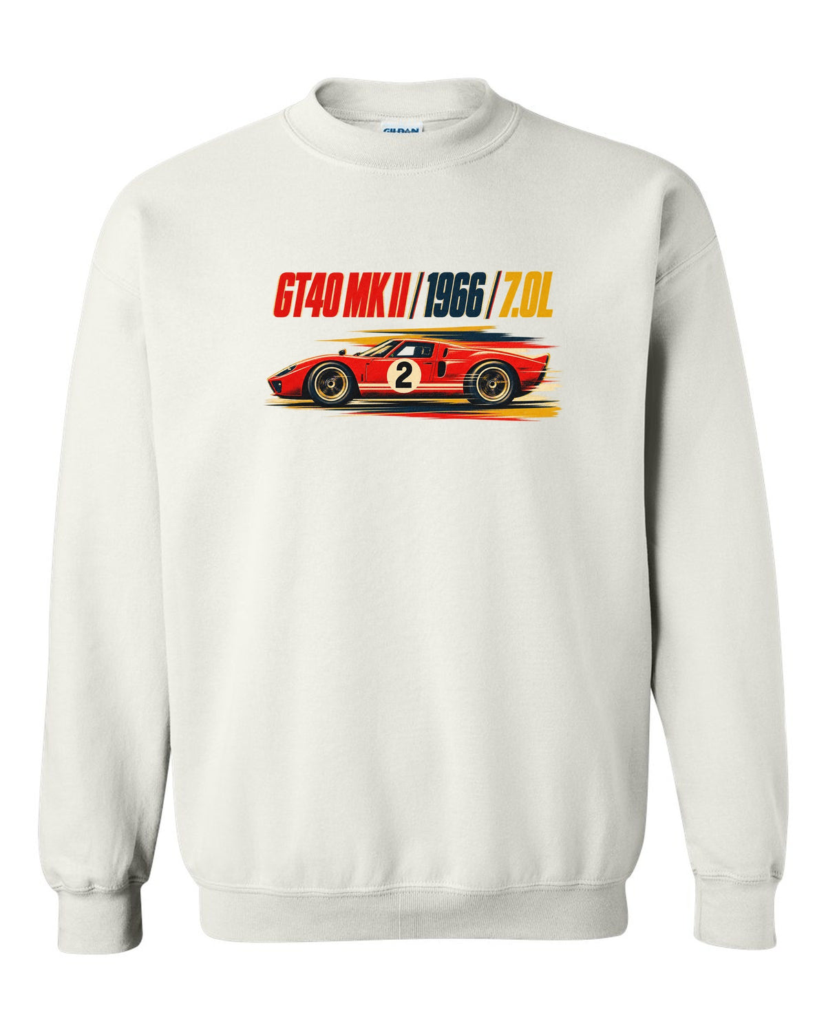 Vintage litho race poster of a 1966 Ford GT40 Mk II with 7.0L lettering white crewneck front view with the design