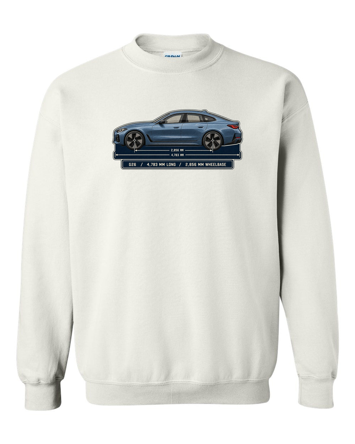 Dimension blueprint print of the BMW i4 M50 G26 Gran Coupe white crewneck front view with the design