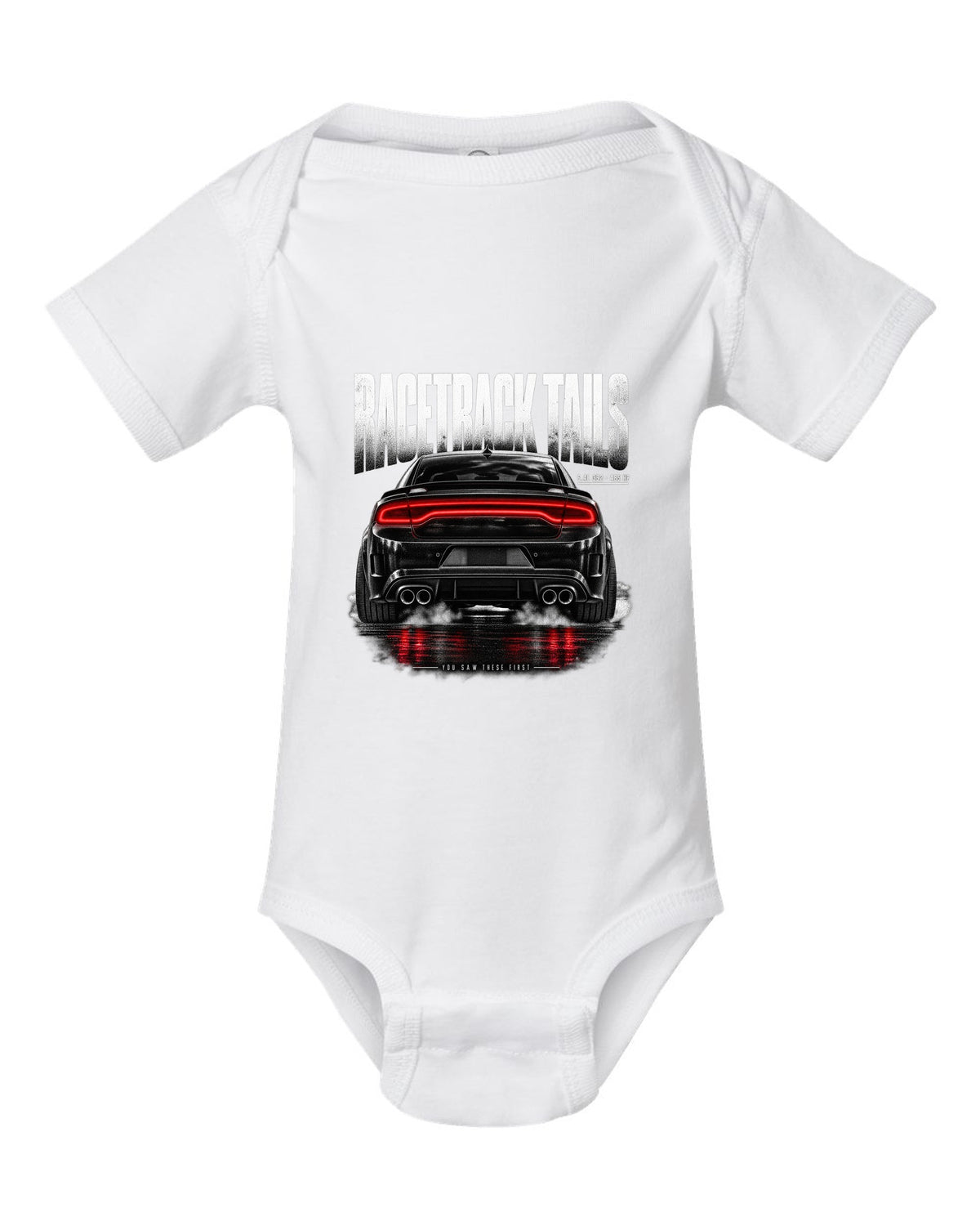Taillight macro print of a 2016 Dodge Charger Scat Pack LX/LD with 6.4L 392 and 485 HP text white baby onesie front view with the design