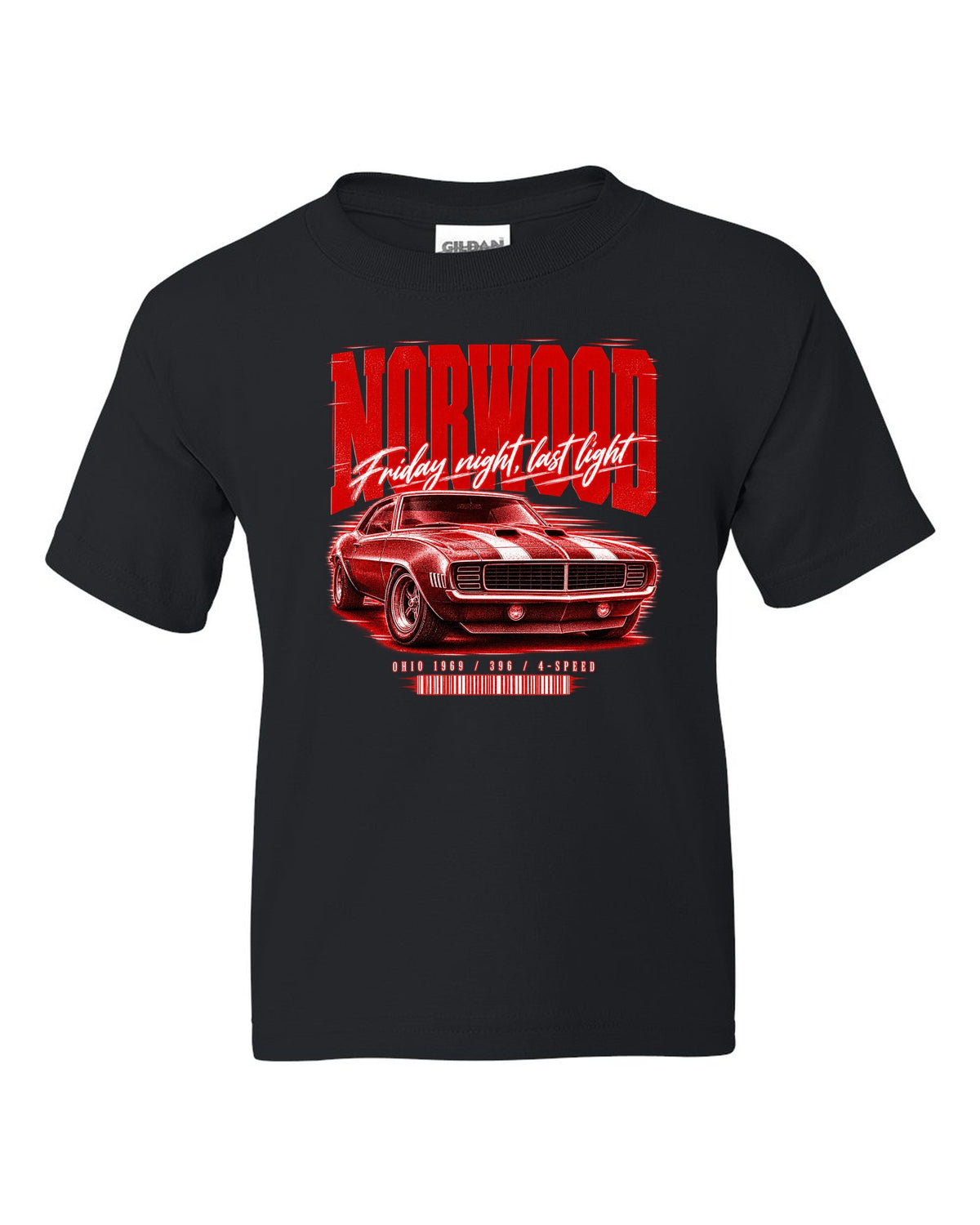 Street-poster print of a 1969 Chevrolet Camaro in Norwood, Ohio with 396 4-speed text black kids tee front view with the design
