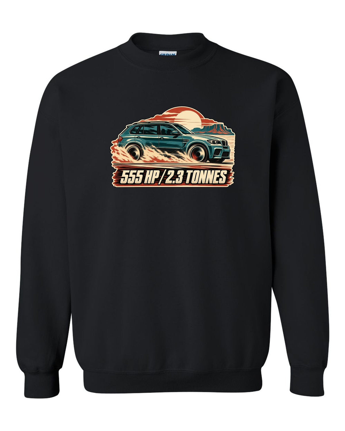 Vintage race poster print of a BMW X5 M E70 with 555 HP lettering black crewneck front view with the design