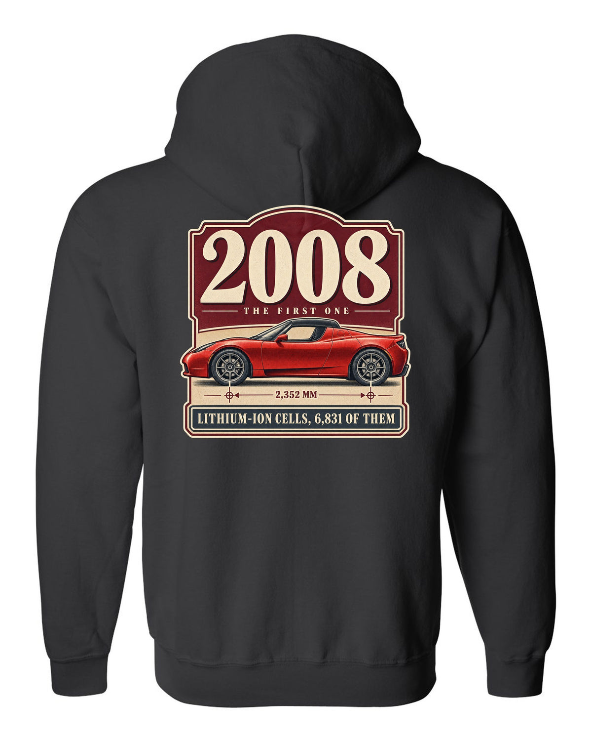 Tesla Roadster 2008 Archive Panel black zip hoodie back view with the design