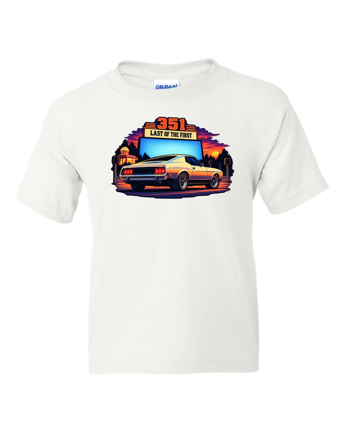 Cel-shaded anime print of a 1973 Ford Mustang fastback at a drive-in white kids tee front view with the design