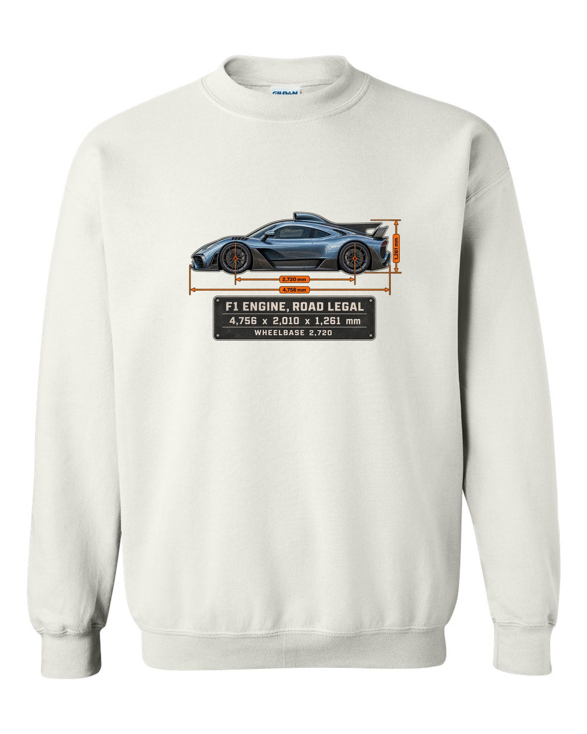 Mercedes-AMG One Dimension Blueprint white crewneck front view with the design