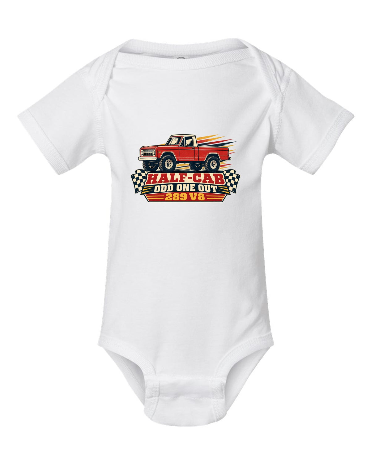 Vintage race poster art of a 1966-72 Ford Bronco U14 half-cab with HALF-CAB ODD ONE OUT lettering white baby onesie front view with the design