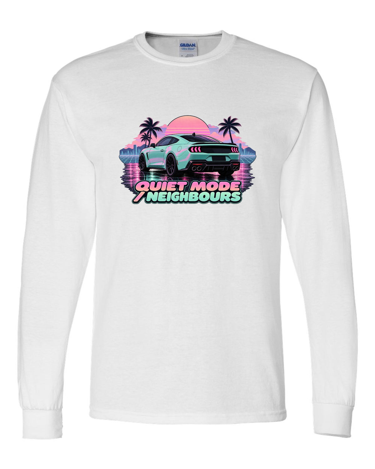 Vaporwave pastel print of a 2024 S650 Mustang coupe on wet asphalt with Quiet Mode text white long sleeve front view with the design