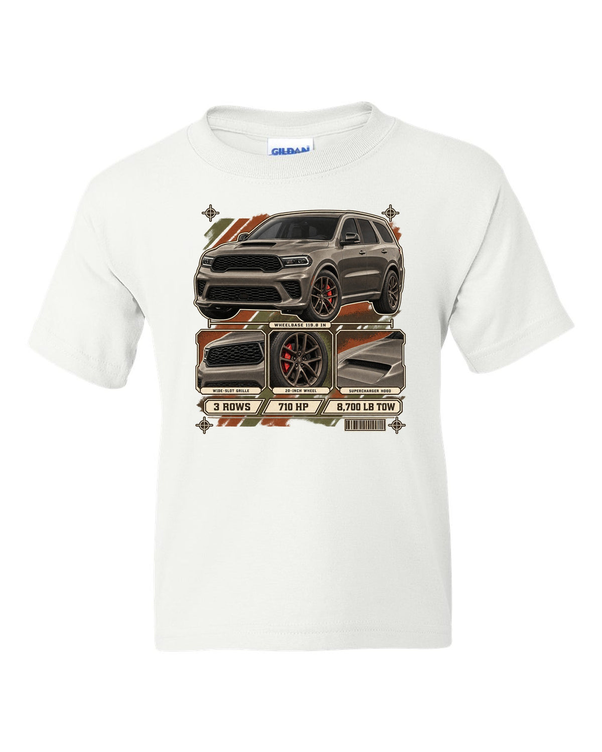 print of a 2021 Dodge Durango SRT Hellcat with spec dossier panels white kids tee front view with the design