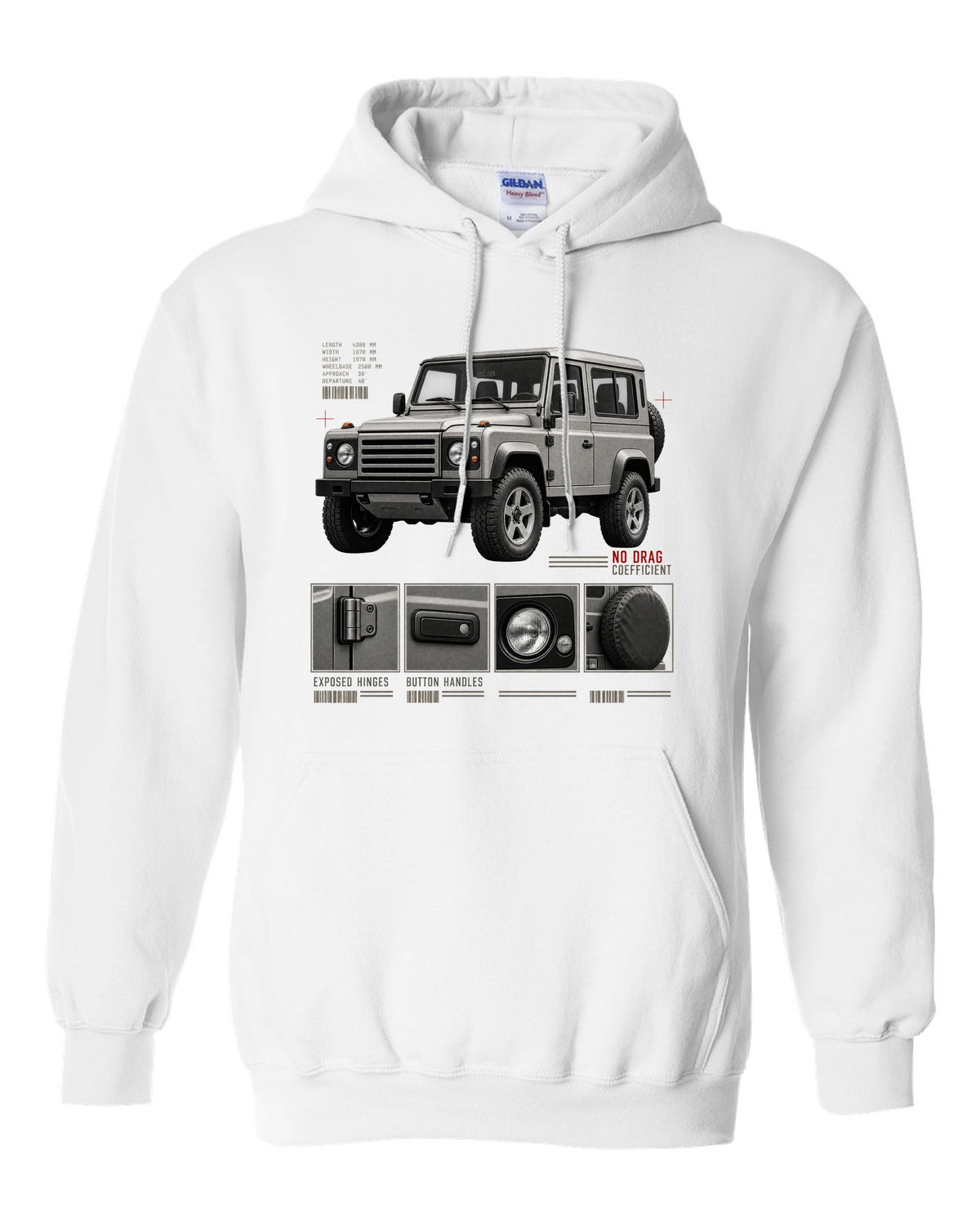 Dossier panel print of a Mercedes G-Class W463 listing exposed hinges and button handles white pull over hoodie front view with the design