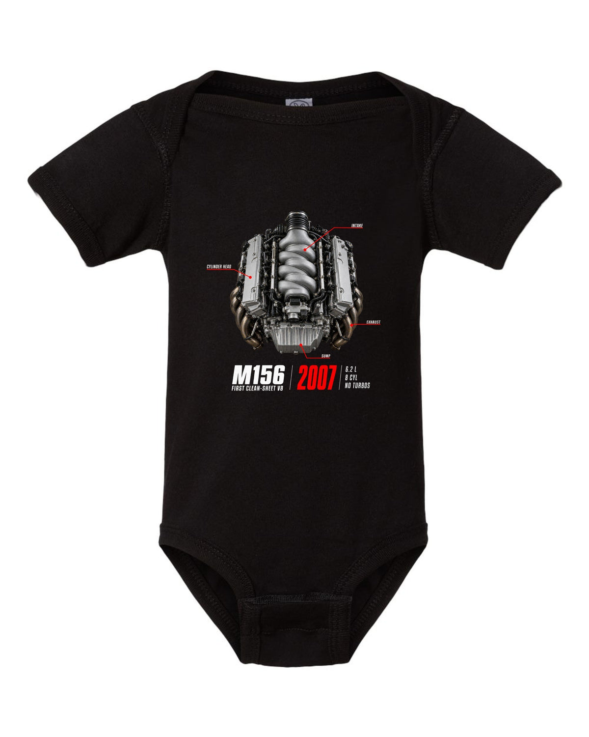 Mercedes C63 AMG W204 M156 V8 engine hero print with first clean-sheet V8 text black baby onesie front view with the design