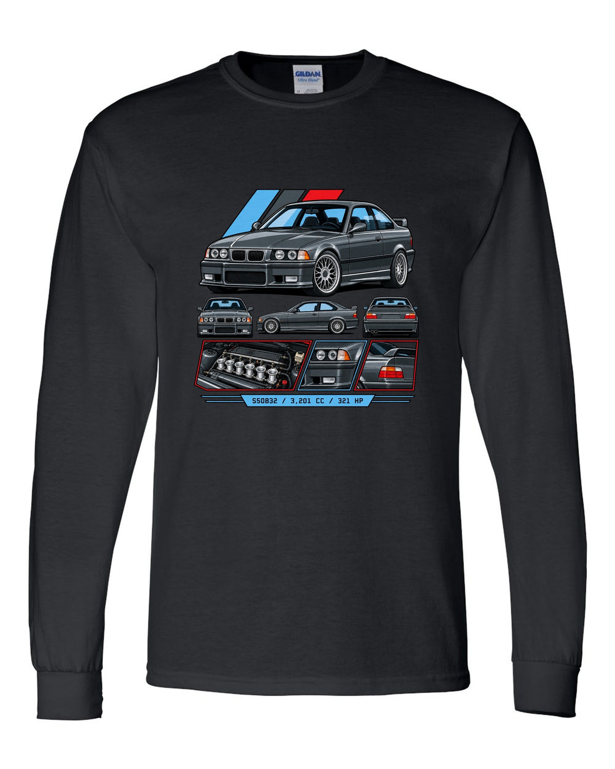 Cel-shaded anime night touge print of a BMW E36 M3 with slide now fix the diff later text black long sleeve front view with the design