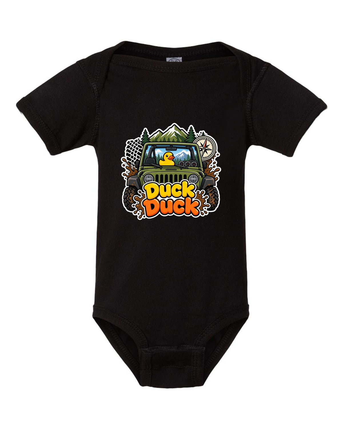 Sticker-bomb collage print of a Jeep Wrangler JK dashboard with ducks black baby onesie front view with the design