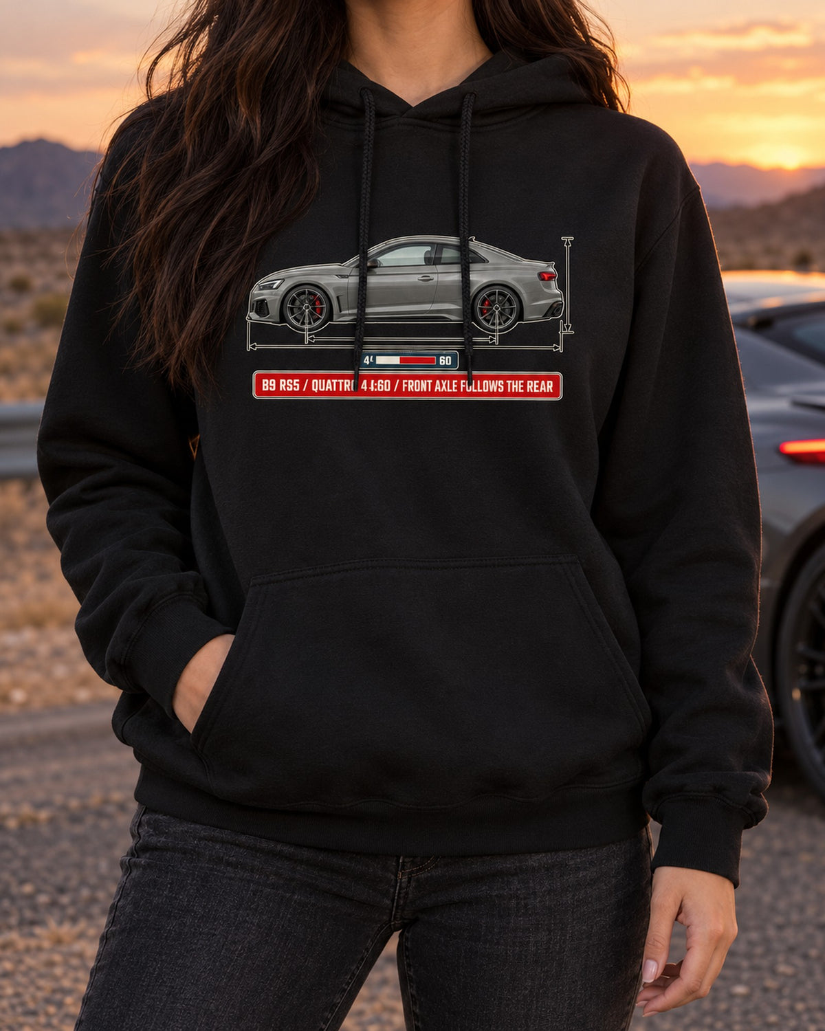 Audi RS5 Coupe B9 Facelift Dimension Blueprint, Quattro 40:60 Shirt Pull Over Hoodie Black worn hero