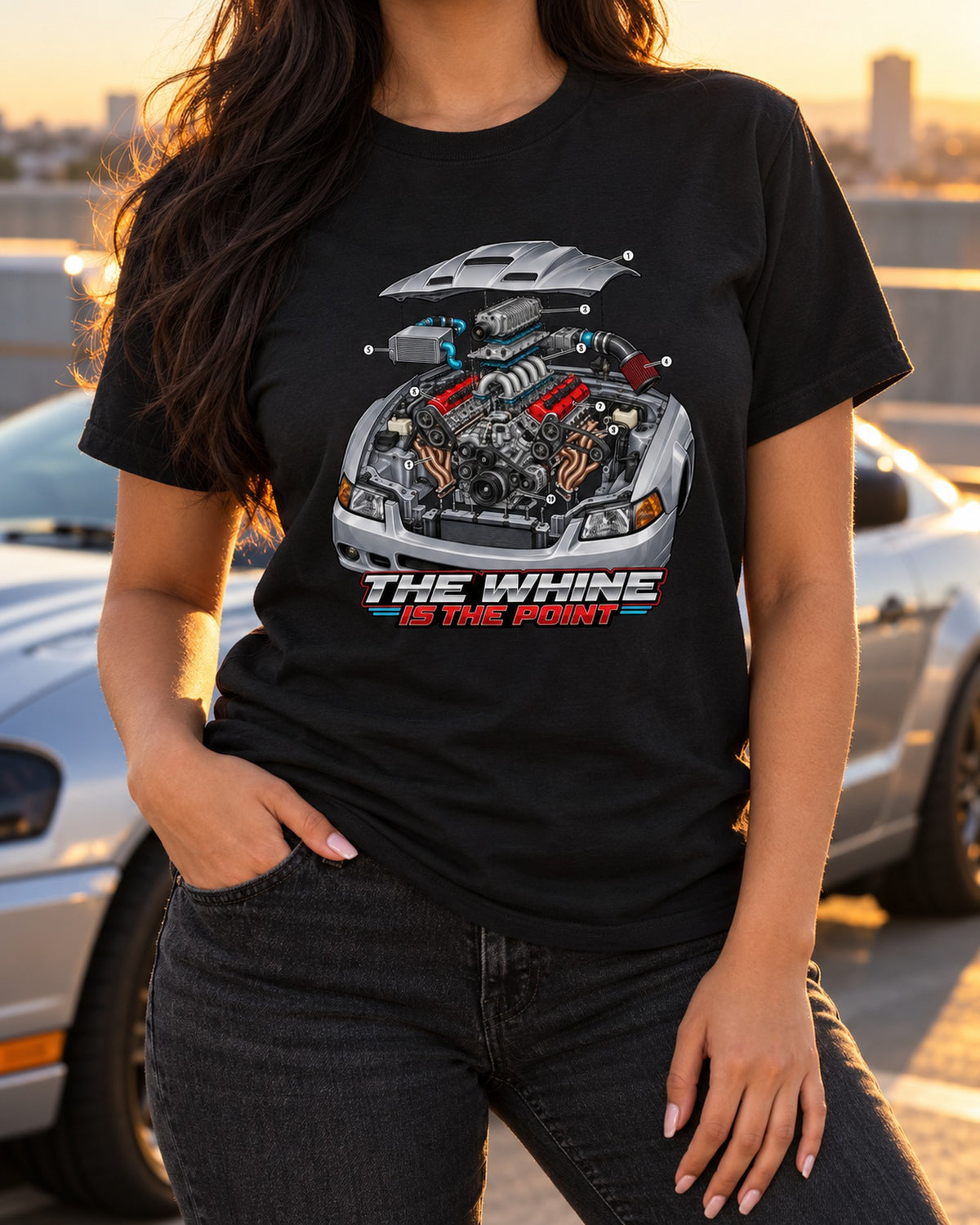 Supercharged SN95 Mustang Terminator-Spec Exploded View Tee T-Shirt Black worn hero