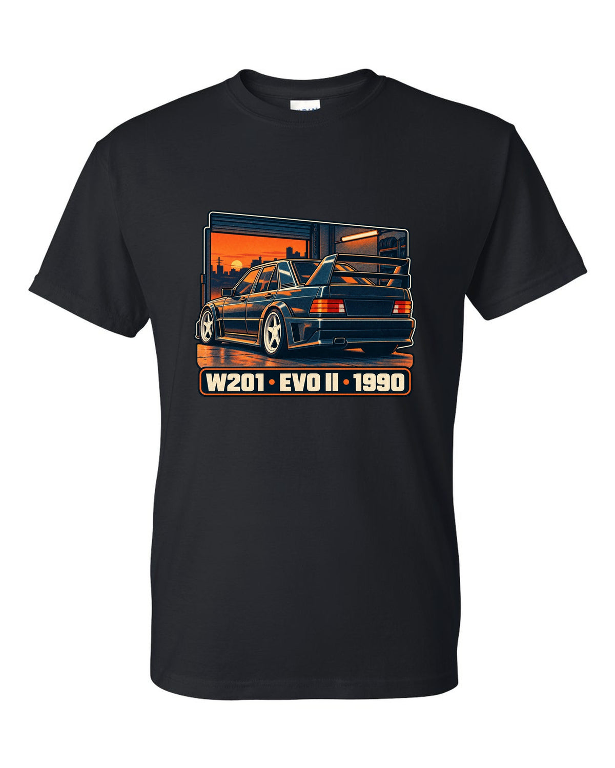 Risograph two-colour halftone print of a Mercedes-Benz 190E Evo II W201 in a garage at dusk black t-shirt front view with the design