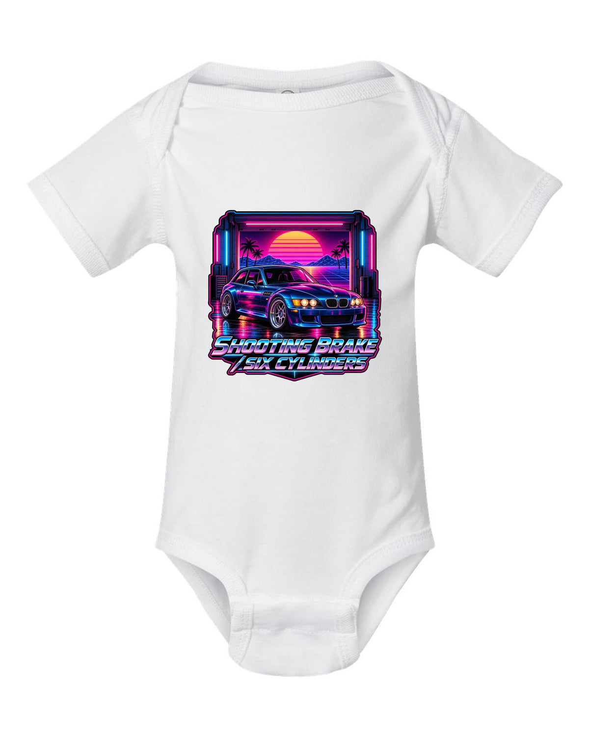 BMW Z3 M Coupe synthwave outrun print with shooting brake text white baby onesie front view with the design