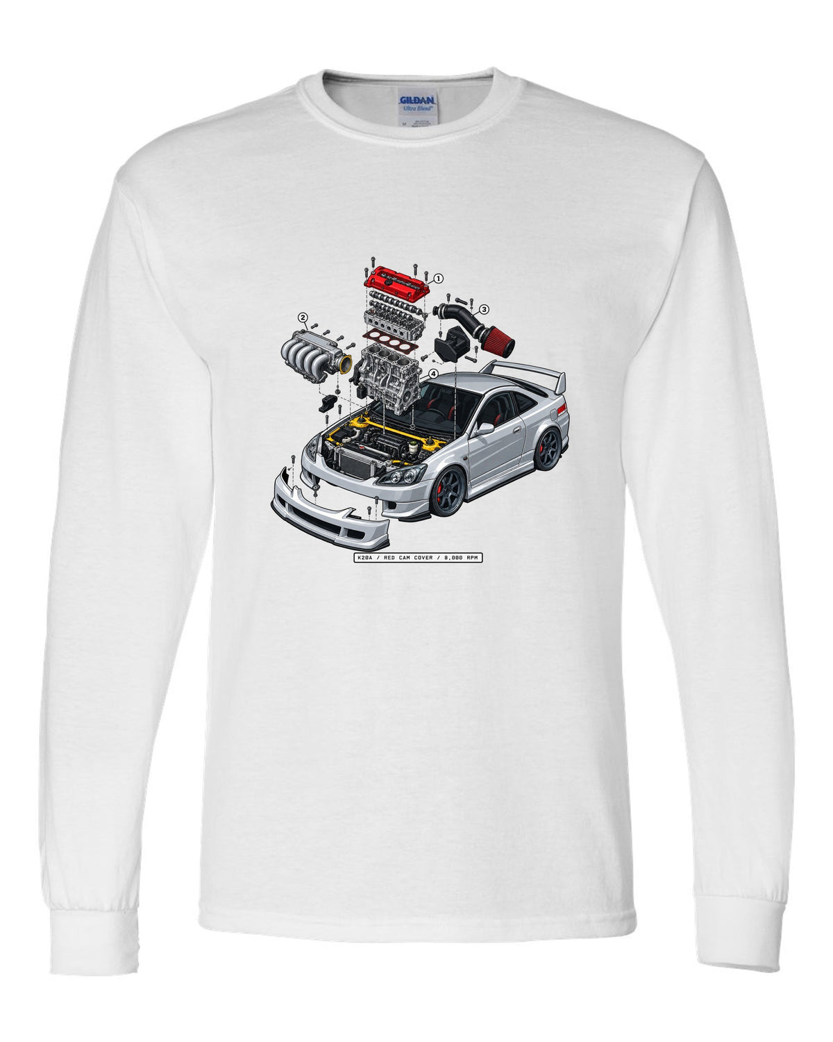 Exploded K20A engine diagram print of a 2002 Honda Integra DC5 ch with red cam cover text white long sleeve front view with the design