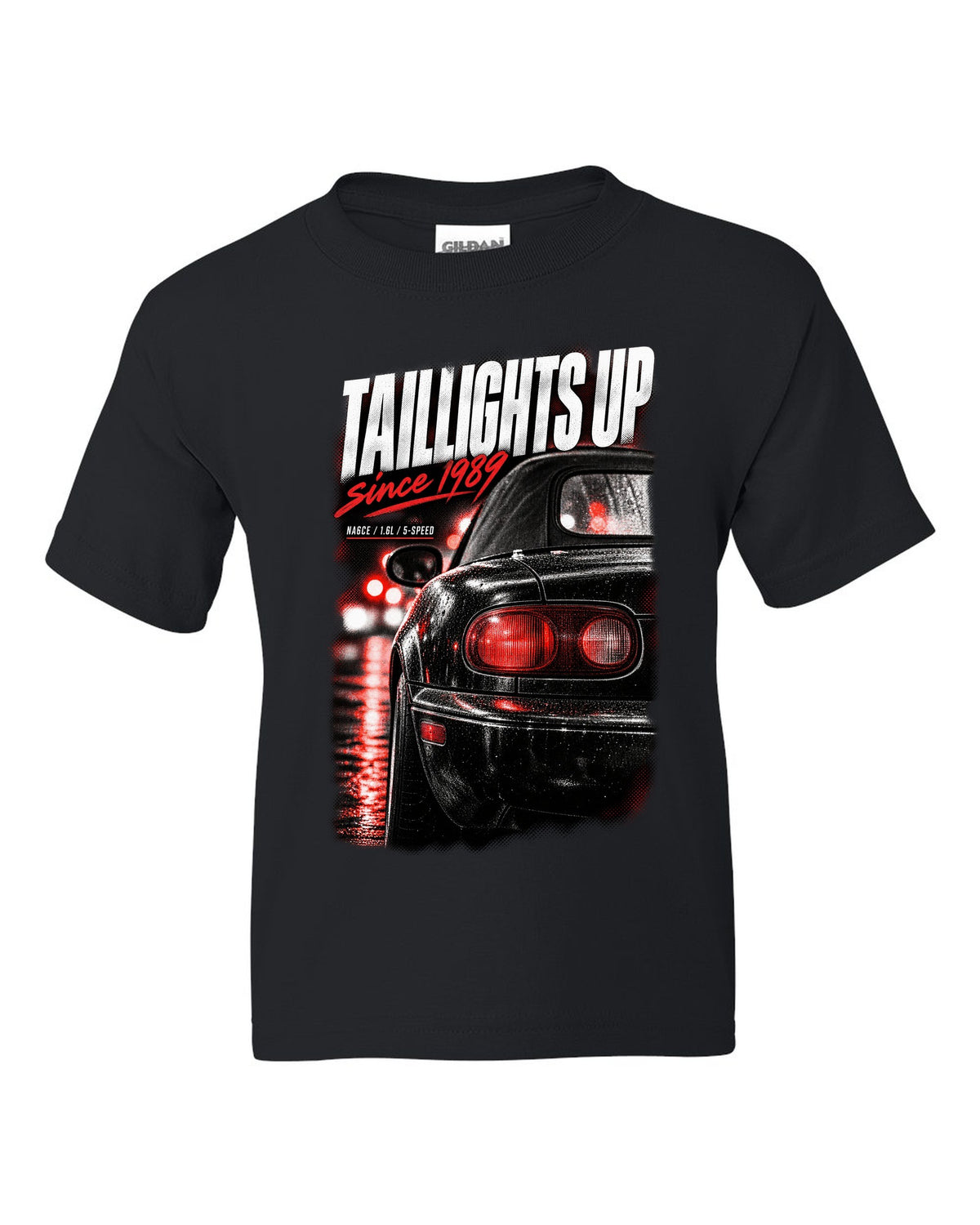 Taillight macro print for the Mazda MX-5 NA 1989-97 with NA6CE, 1.6L and 5-speed lettering black kids tee front view with the design