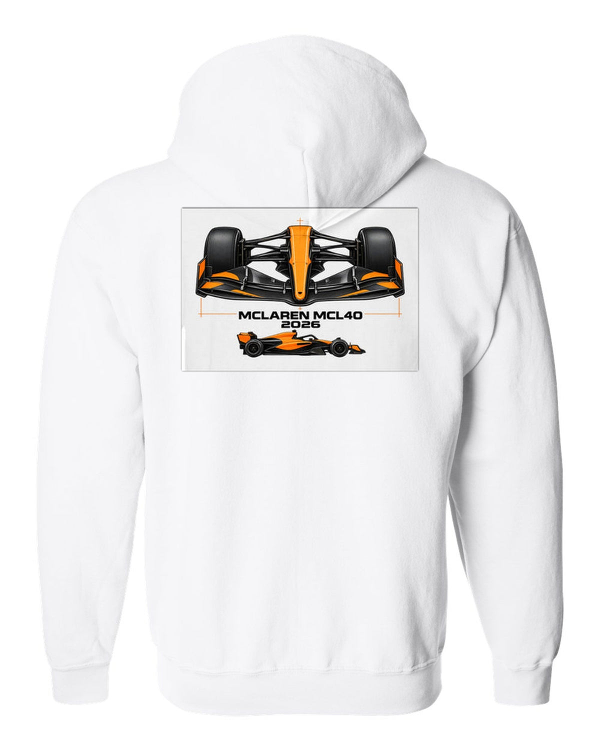 McLaren MCL40 2026 F1 car technical poster artwork white zip hoodie back view with the design