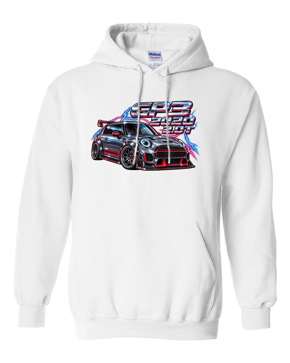 80s airbrush chrome artwork of the Mini JCW GP F56 GP3 white pull over hoodie front view with the design