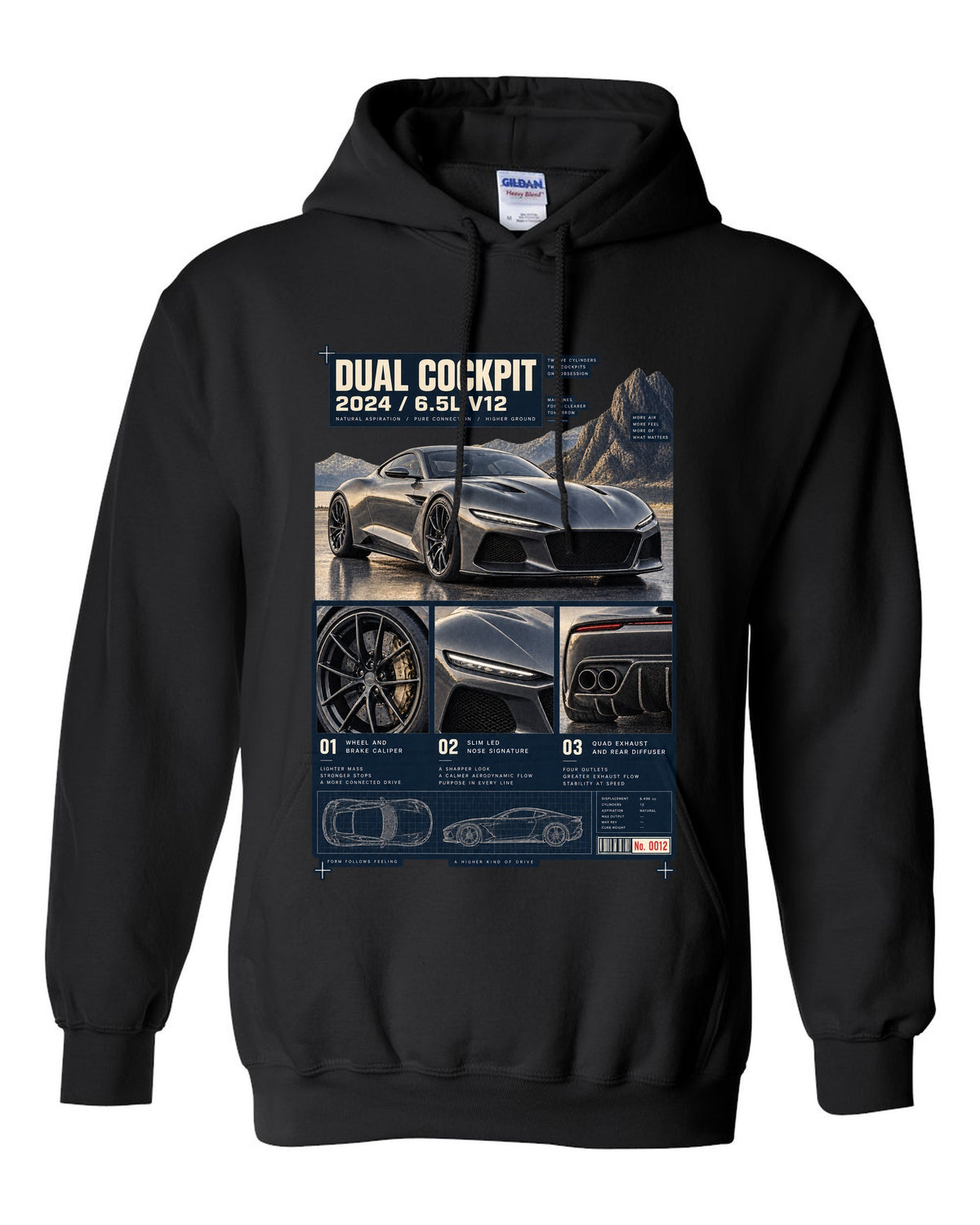 Dossier panel print of the Ferrari 12Cilindri with cockpit and V12 text black pull over hoodie front view with the design