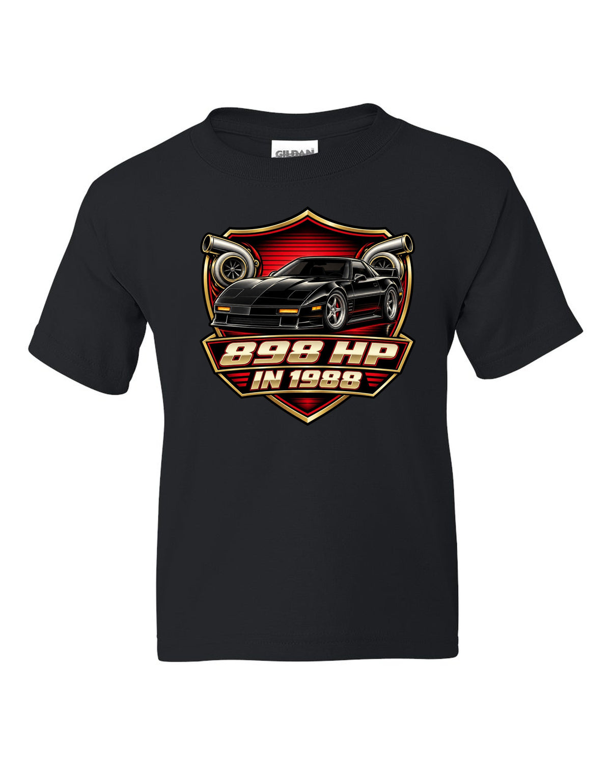 Badge crest design of a 2024 C8 hybrid AWD Corvette with 898 hp lettering black kids tee front view with the design