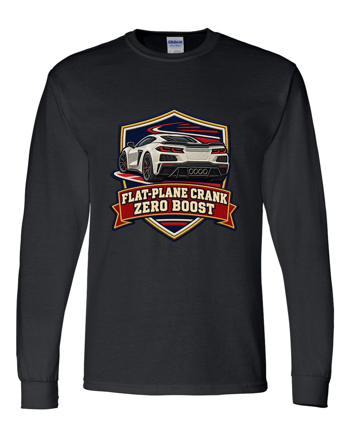 Graffiti street stencil of a 2019 C7 ZR1 Corvette with supercharger window on a wall black long sleeve front view with the design