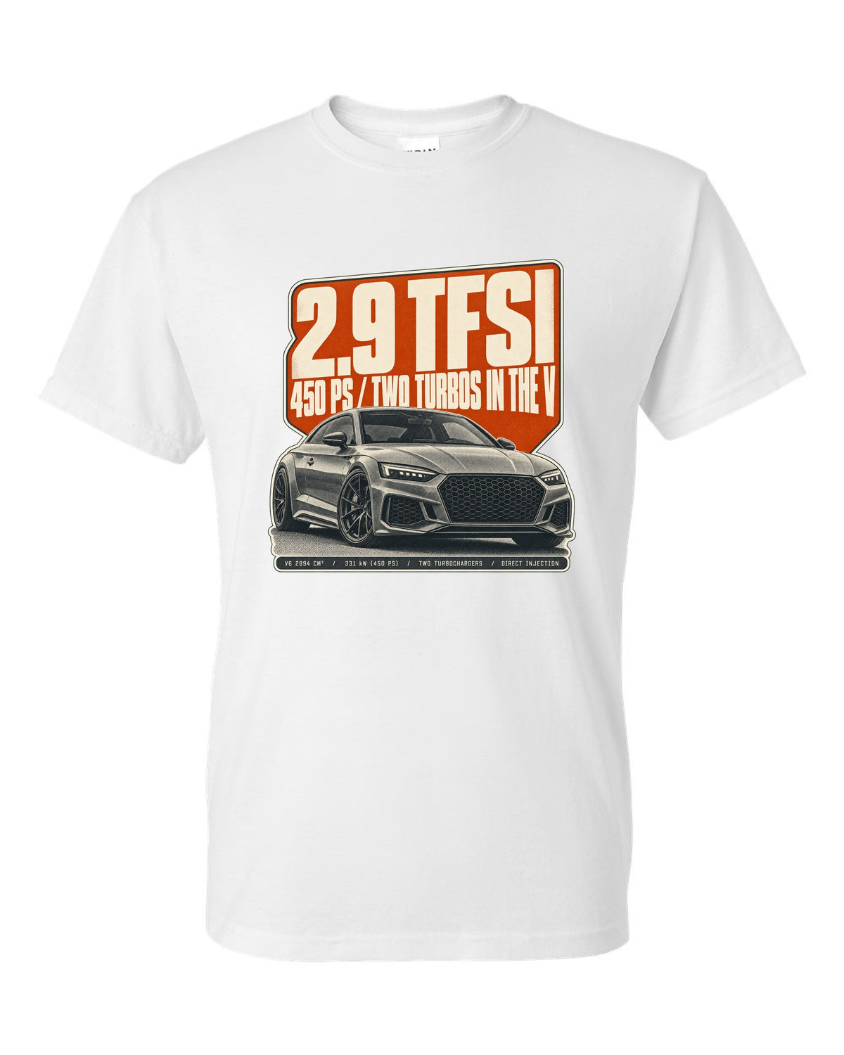 Halftone print of an Audi RS5 Coupe B9 with 2.9 TFSI and 450 PS text white t-shirt front view with the design