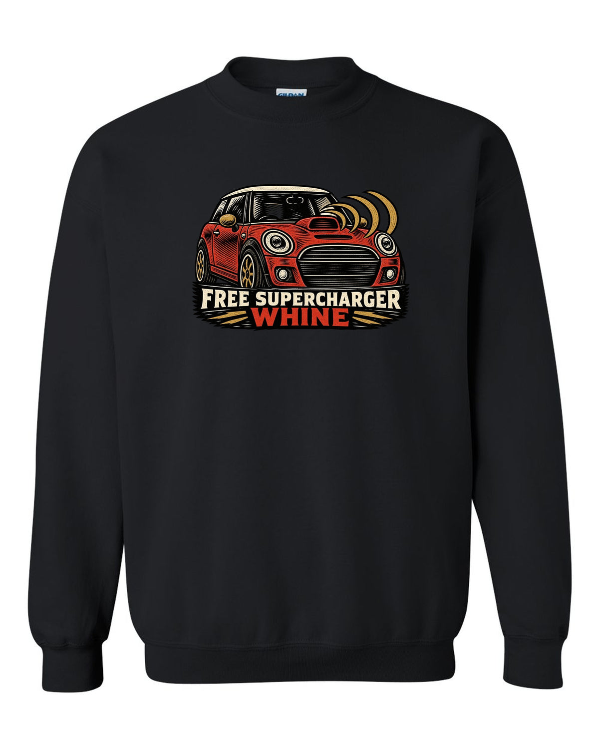 Linocut woodcut print of a Mini Cooper S R53 with the words free supercharger whine black crewneck front view with the design