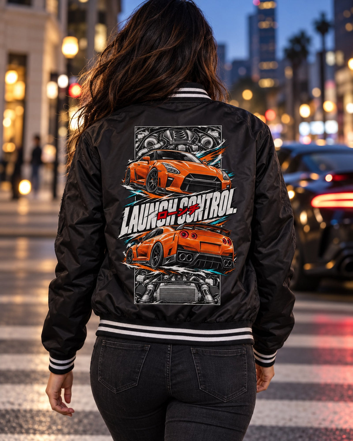 Nissan GT-R R35 Torn Poster Full-Back Graphic Tee Bomber Jacket Black worn hero