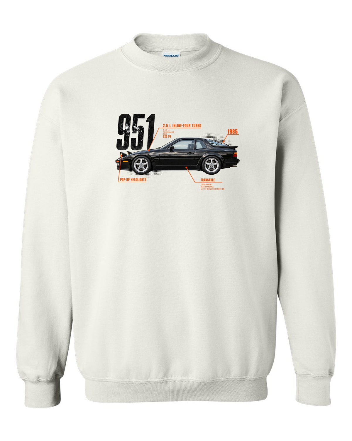 Spec poster print of a Porsche 944 Turbo 951 with 2.5 L turbo four, transaxle and pop-up headlights lettering white crewneck front view with the design