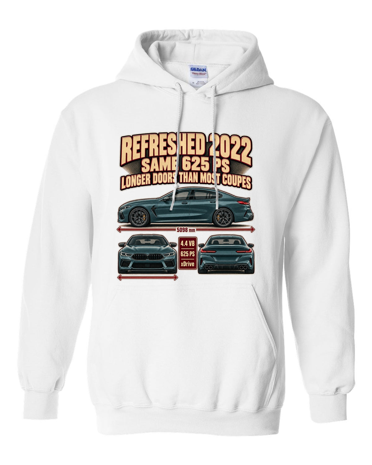BMW M8 Competition Gran Coupe F93 2022 three-view print on a tee white pull over hoodie front view with the design