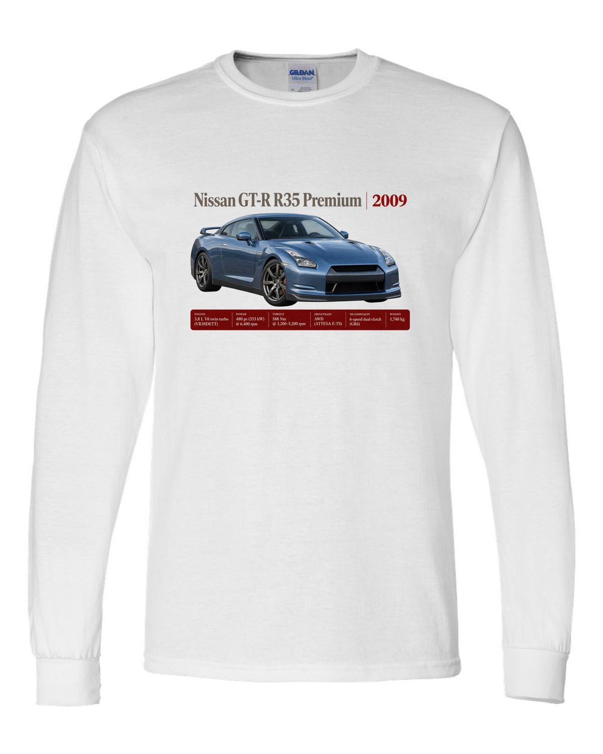 Nissan GT-R R35 2009 Premium archive panel poster white long sleeve front view with the design