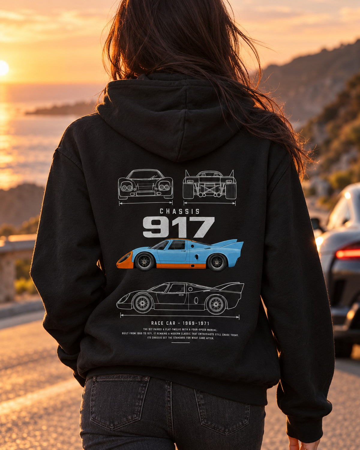 Porsche 917 Le Mans race car Blueprint Full-Back Graphic Tee, 917 Chassis Code Pull Over Hoodie Black worn hero