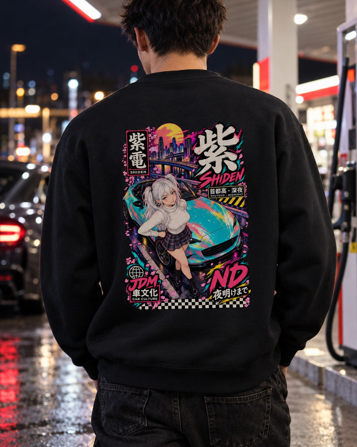 SHIDEN ND Anime Girl Full-Back Graphic Tee Crewneck Black worn hero