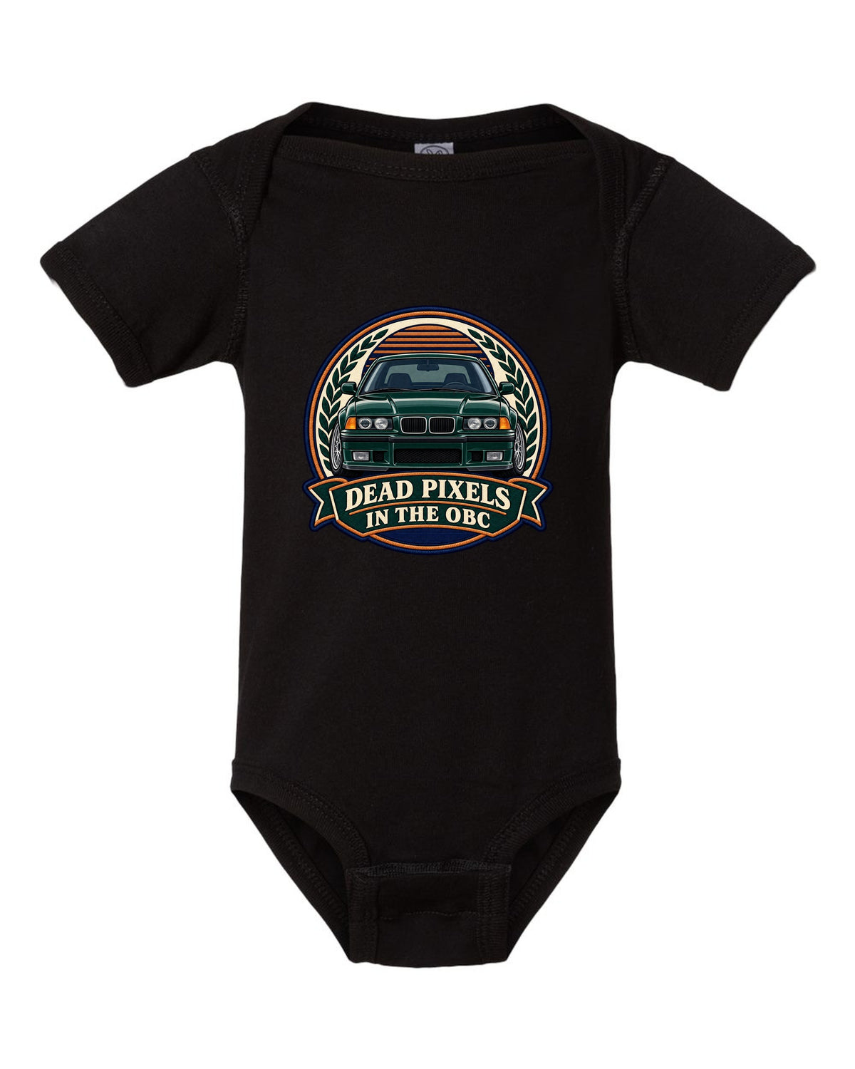 Varsity crest style print of a BMW E36 M3 coupe with dead pixels in the OBC text black baby onesie front view with the design