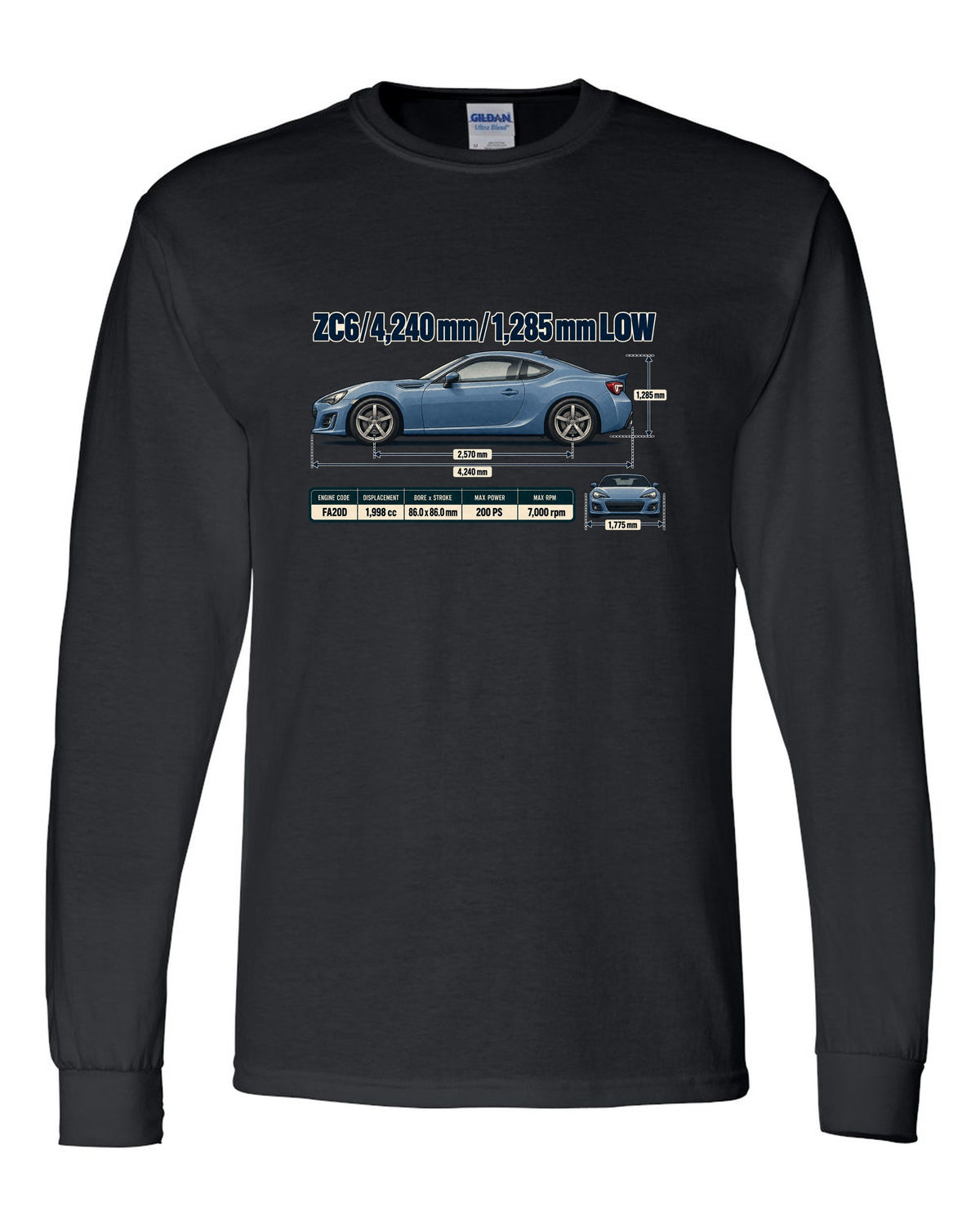 Blueprint-style dimension drawing of a Subaru BRZ ZC6 with length and height callouts black long sleeve front view with the design