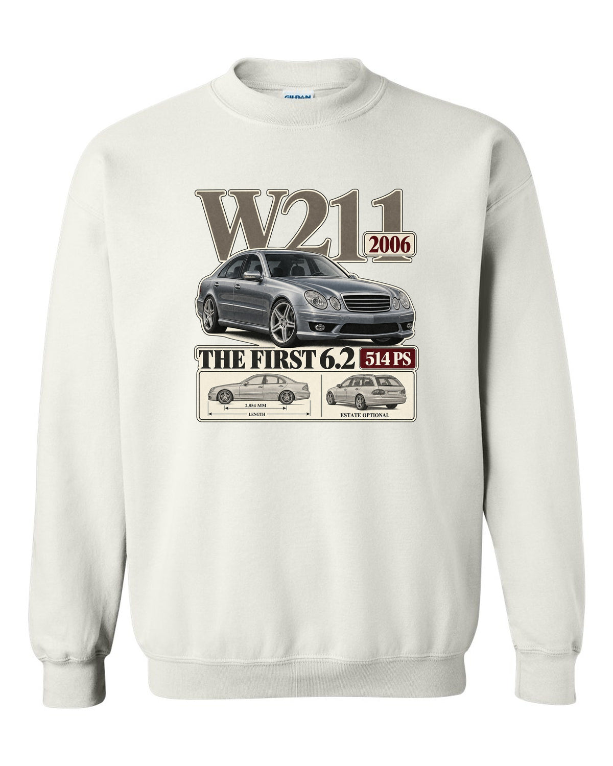 Archive panel print of a silver Mercedes-AMG E63 W211 sedan white crewneck front view with the design