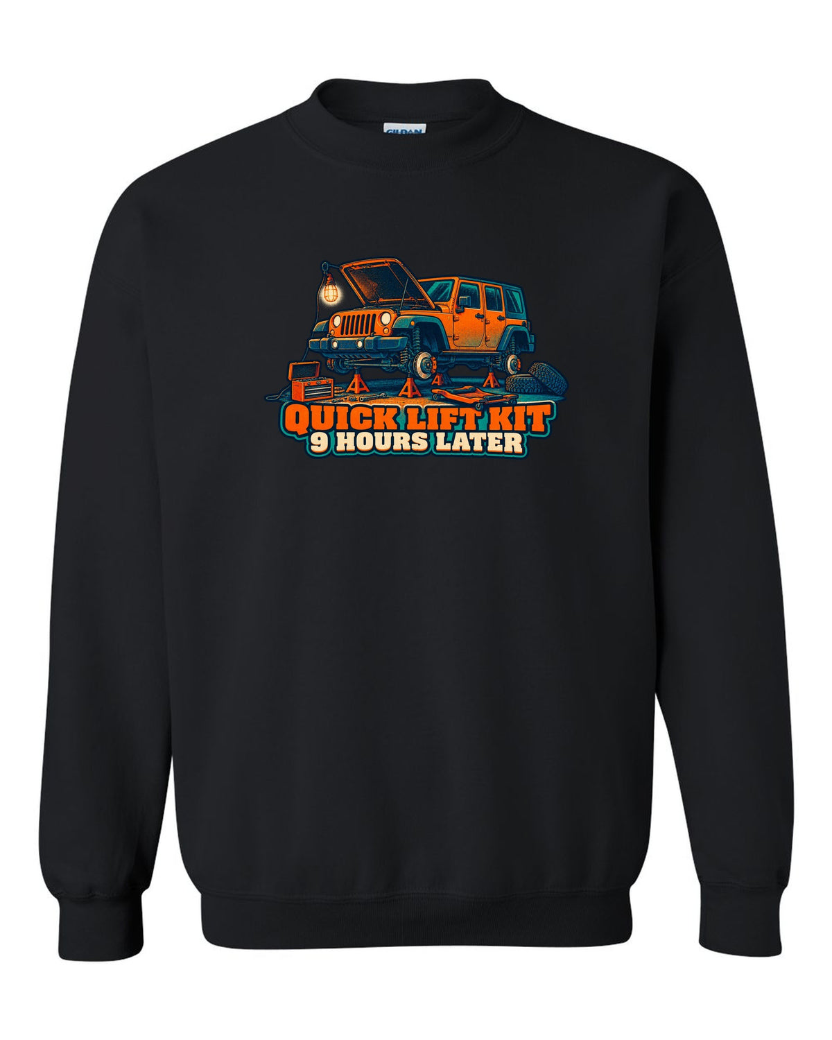 Risograph-style print of a Jeep Wrangler JKU four-door with lift kit joke text black crewneck front view with the design